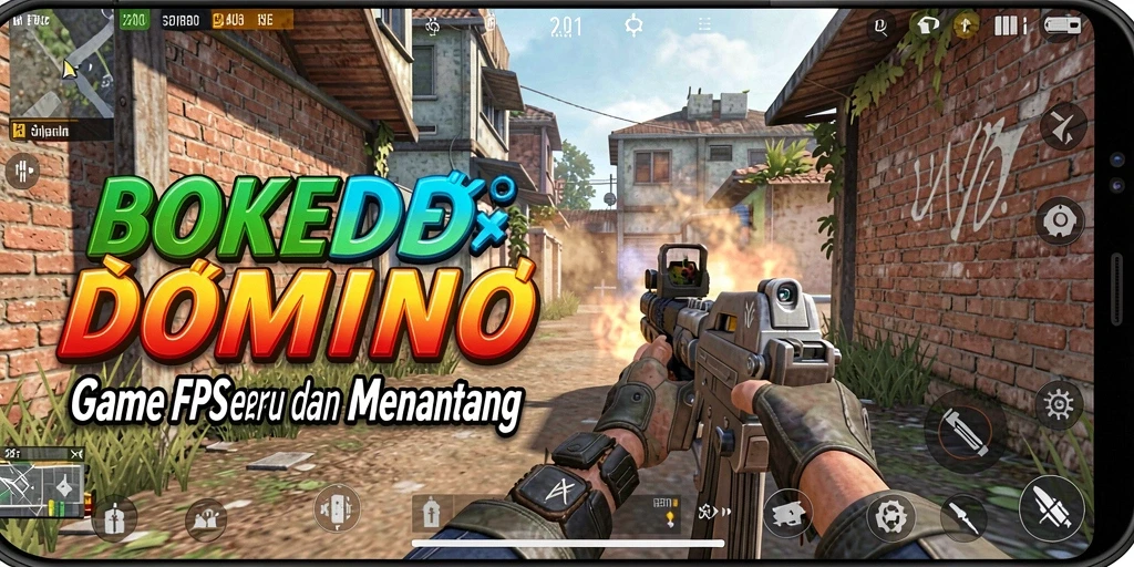 Tangkapan layar dalam permainan FPS BOKEDOMINO yang mendebarkan.