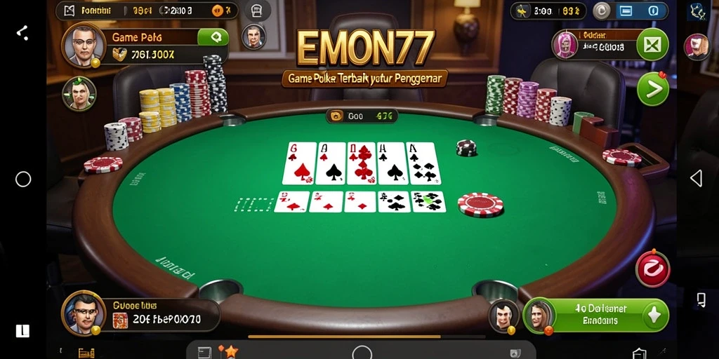 Screenshot gameplay EMON77 yang menunjukkan aksi intens di meja poker.