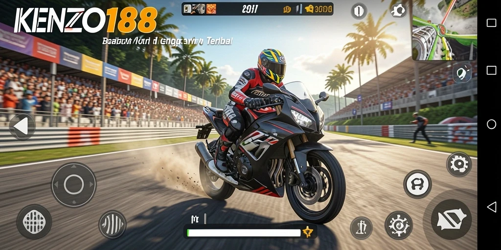 Screenshot gameplay KENZO188 menunjukkan aksi balapan yang mendebarkan.