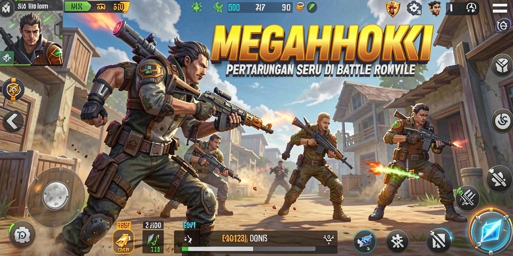 Tangkapan layar menunjukkan aksi intens dalam MEGAHOKI di arena Battle Royale.