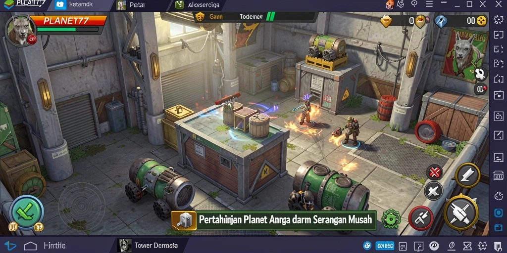 Screenshot menunjukkan gameplay intens dari PLANET77 di Tower Defense.