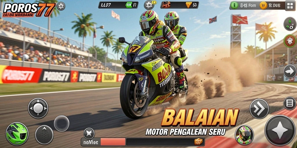 Screenshot gameplay menampilkan aksi balapan motor yang seru.